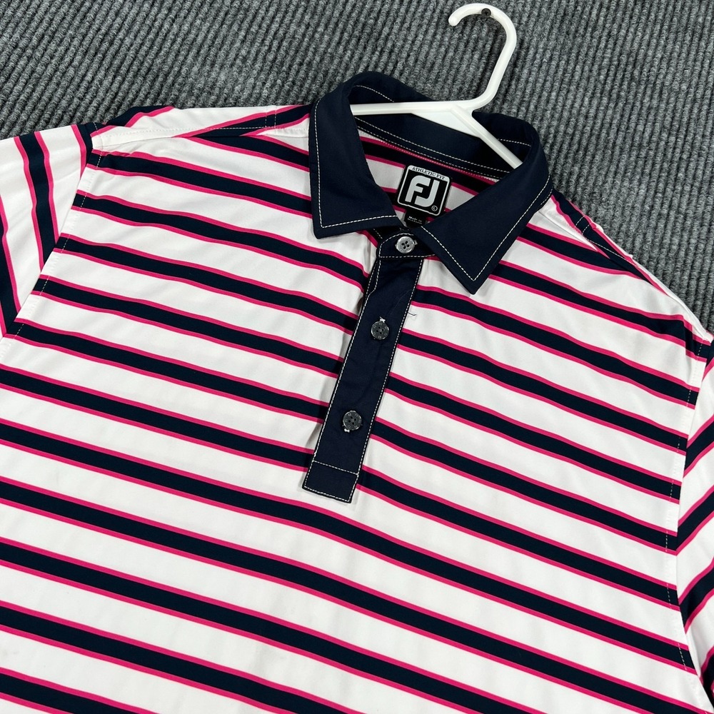 FootJoy Polo Shirt Mens‎ Large White Blue Striped Short Sleeve Athletic Fit Golf